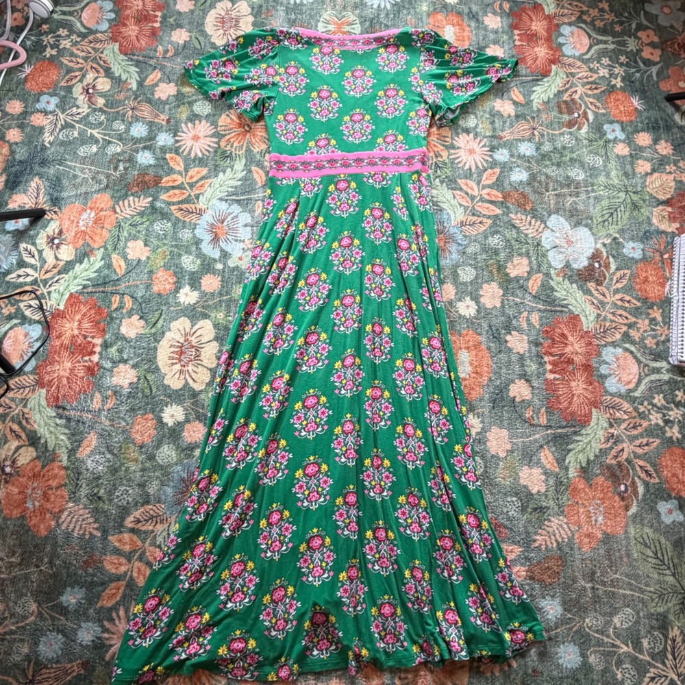 Boden Ellie Flutter Maxi Tea Dress Green Floral Pink Trim D0927 US 2R UK 6R - Picture 8 of 8